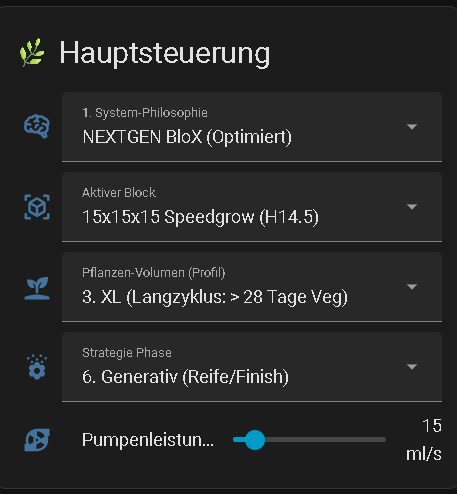 Dashboard Hauptsteuerung — System-Philosophie, Block, Pflanzen-Profil, Strategie-Phase und Pumpenleistung