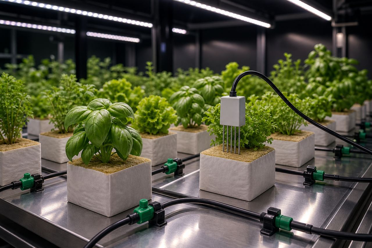 Steinwolle-Blöcke mit Salat und Kräutern auf Gießtisch unter LED — Modbus-Substrat-Sensor und Tropfbewässerung