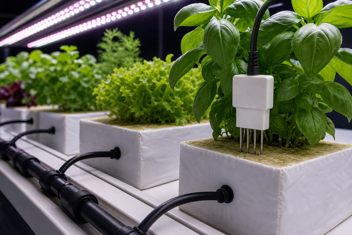 Gießtisch mit Steinwolle-Blöcken, Tropfbewässerung und Modbus-Sensor unter LED