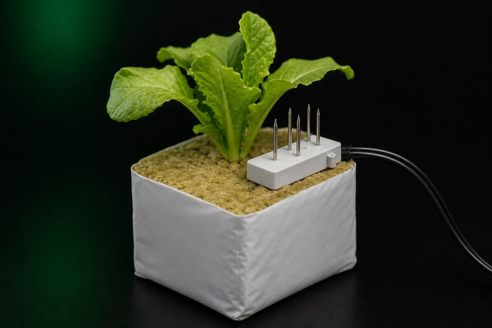 Modbus-RTU RS485 Substrat-Sensor mit 5 Sonden in Steinwolle-Block — Feuchte, EC und Temperatur